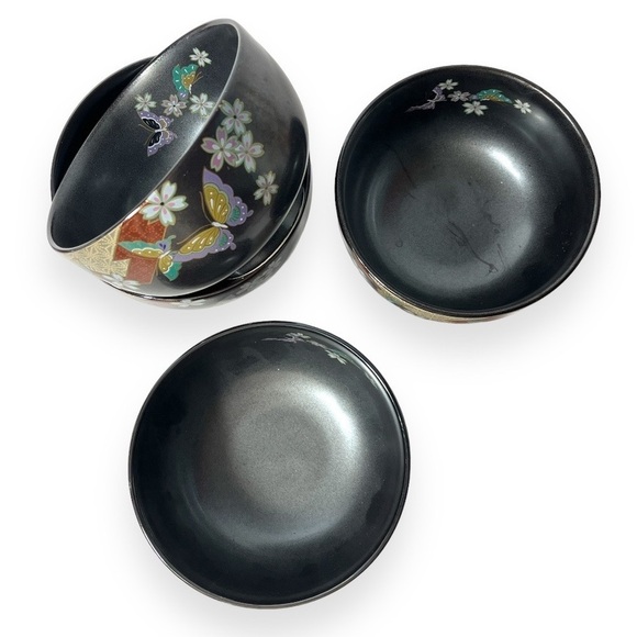 Japanese Pottery Bowl‎ 4pc Floral Butterfly Classic Metallic Color 5” Dinnerware - Picture 4 of 11